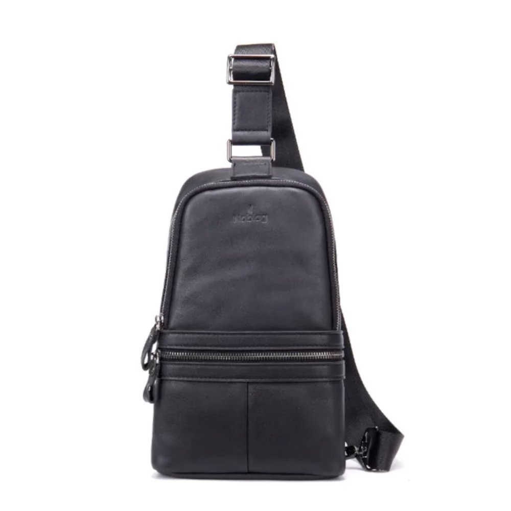 Noblag Tim Large Black Genuine Leather Sling Bags Chest Bags